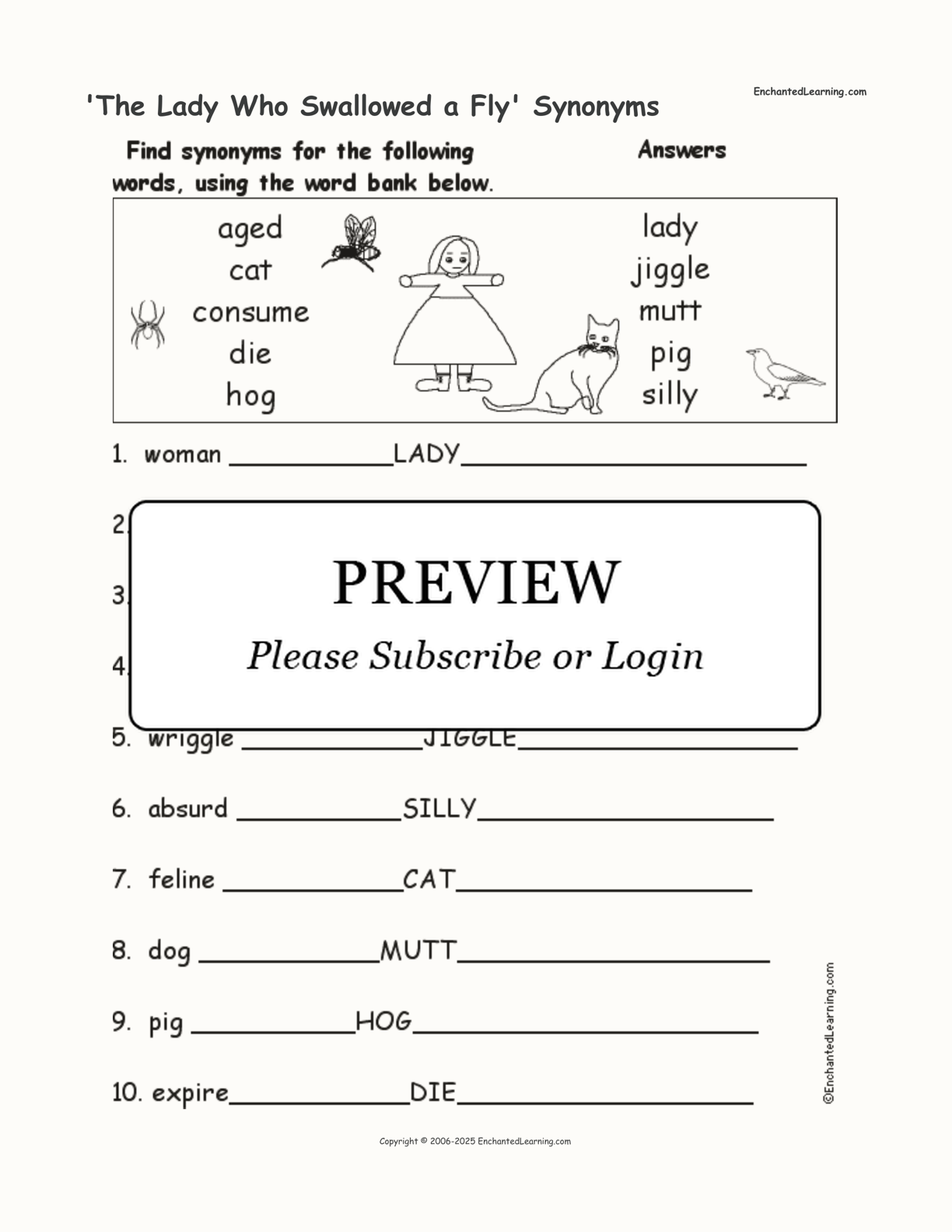 'The Lady Who Swallowed a Fly' Synonyms interactive worksheet page 2