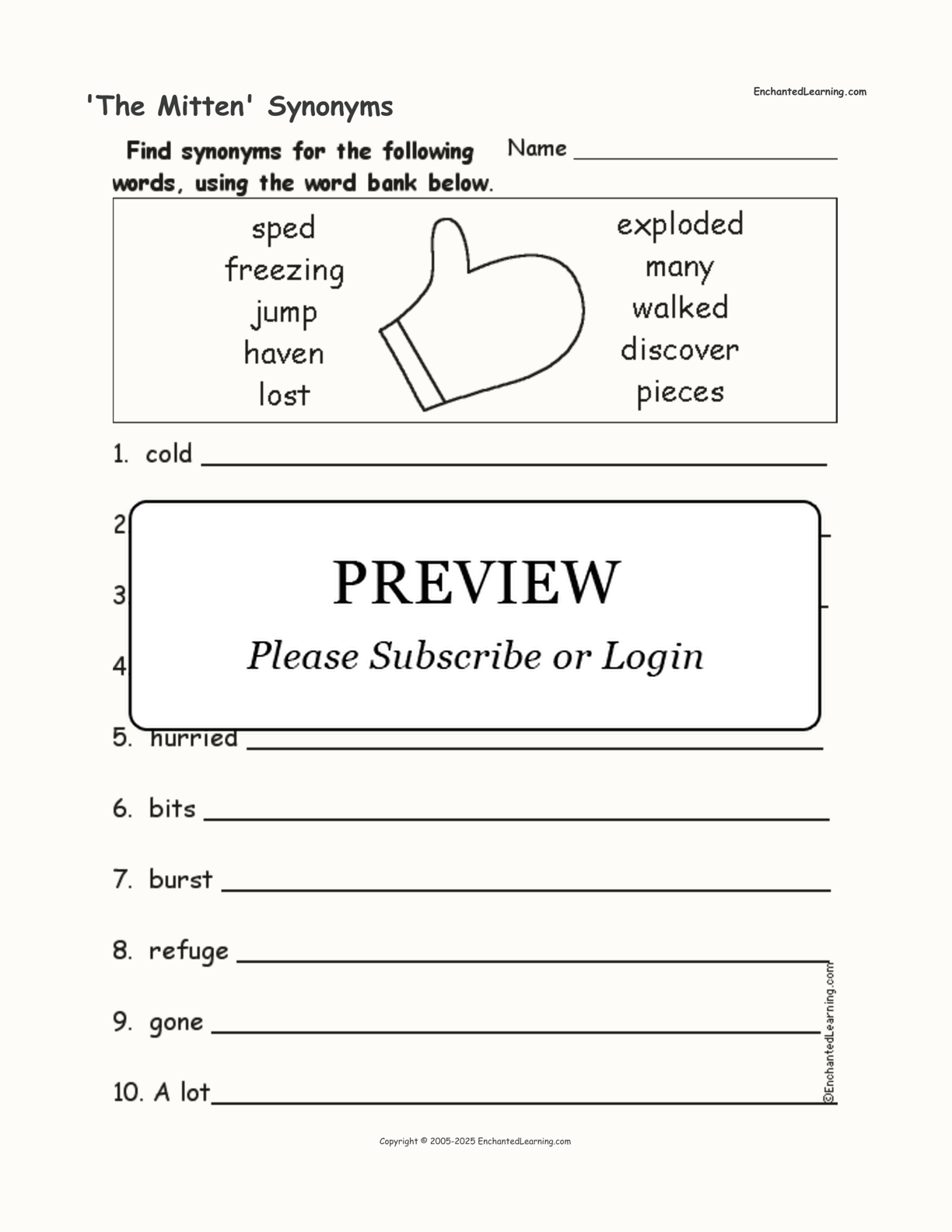 'The Mitten' Synonyms interactive worksheet page 1