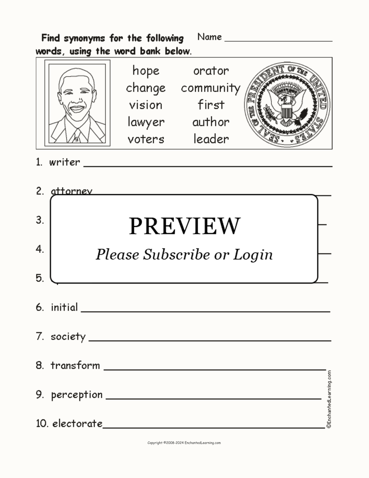 Obama-Related Synonyms interactive worksheet page 1