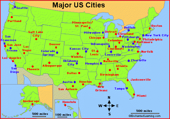 map of the us with major cities Major Cities In The Usa Enchantedlearning Com map of the us with major cities