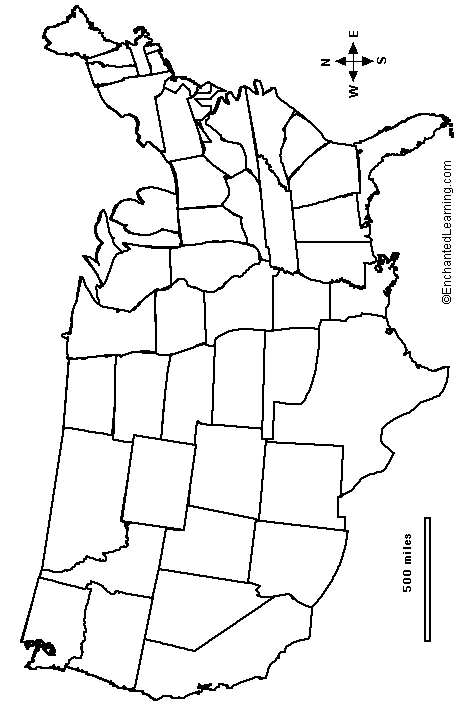 Search result: 'Outline Map: Continental USA with state borders'