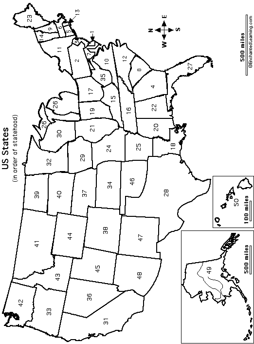 Search result: 'Outline Map: USA with state borders (numbered)'