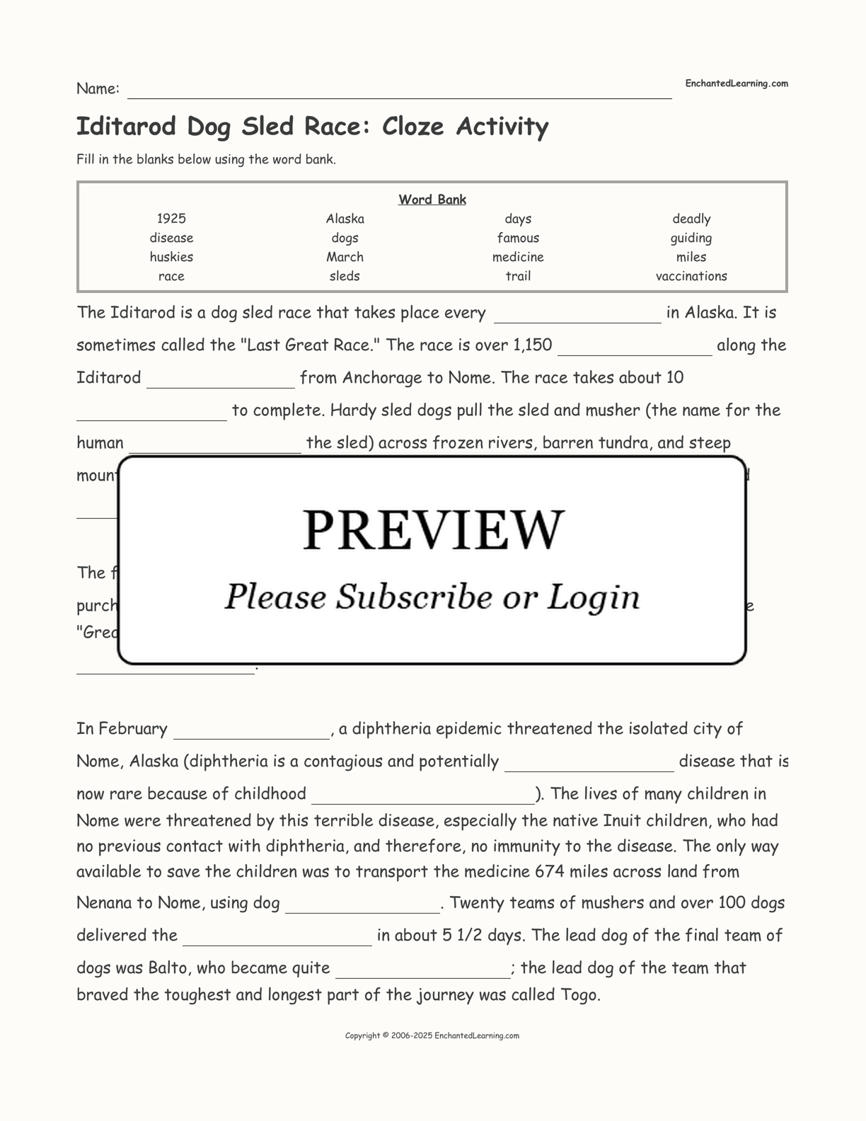 Iditarod Dog Sled Race: Cloze Activity interactive worksheet page 1