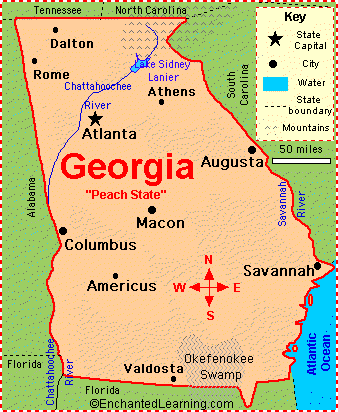 Georgia Map With Major Cities Georgia: Facts, Map and State Symbols   EnchantedLearning.com