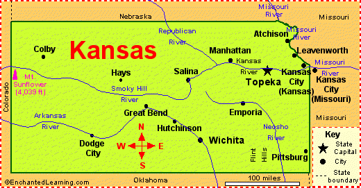 Map Of The Kansas Kansas: Facts, Map and State Symbols   EnchantedLearning.com