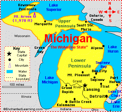 map of the state of michigan usa Michigan Facts Map And State Symbols Enchantedlearning Com map of the state of michigan usa