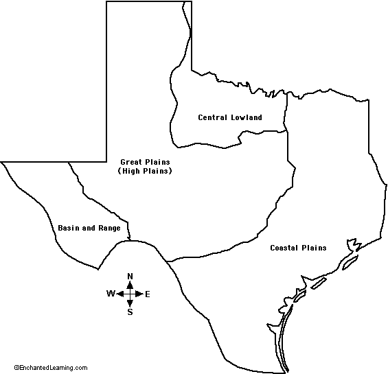 4 Regions of Texas, Outline Map Labeled - EnchantedLearning.com