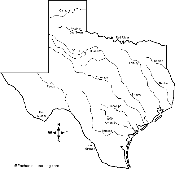 Major Rivers Of Texas Outline Map Labeled Enchantedlearning Com