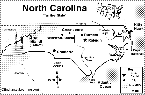 North Carolina Map/Quiz Printout - EnchantedLearning.com