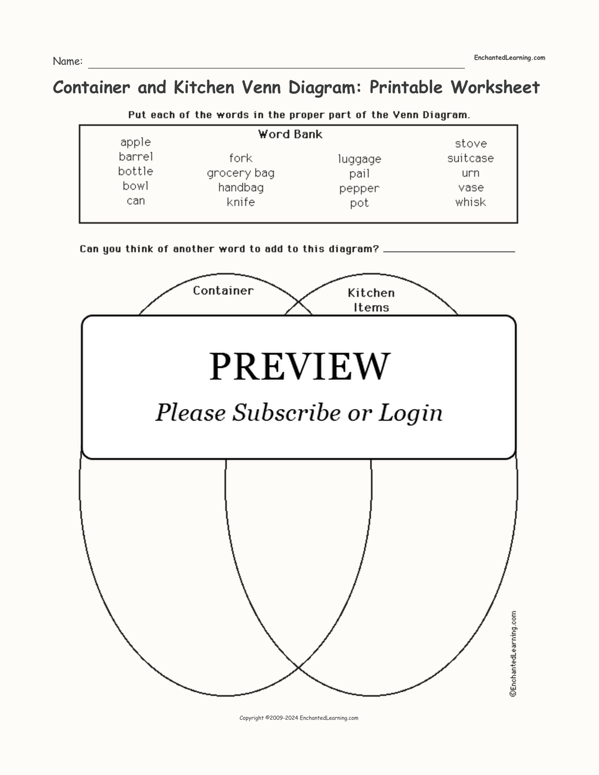 Container and Kitchen Venn Diagram: Printable Worksheet interactive worksheet page 1