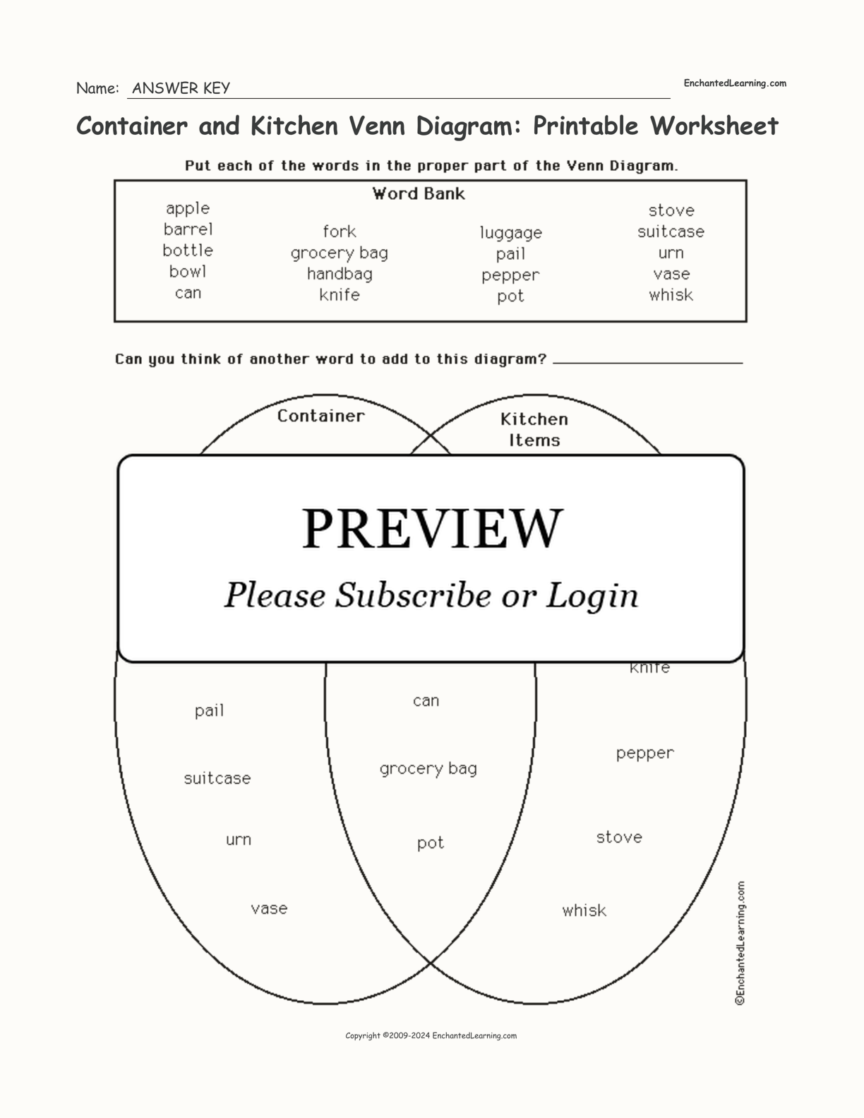 Container and Kitchen Venn Diagram: Printable Worksheet interactive worksheet page 2