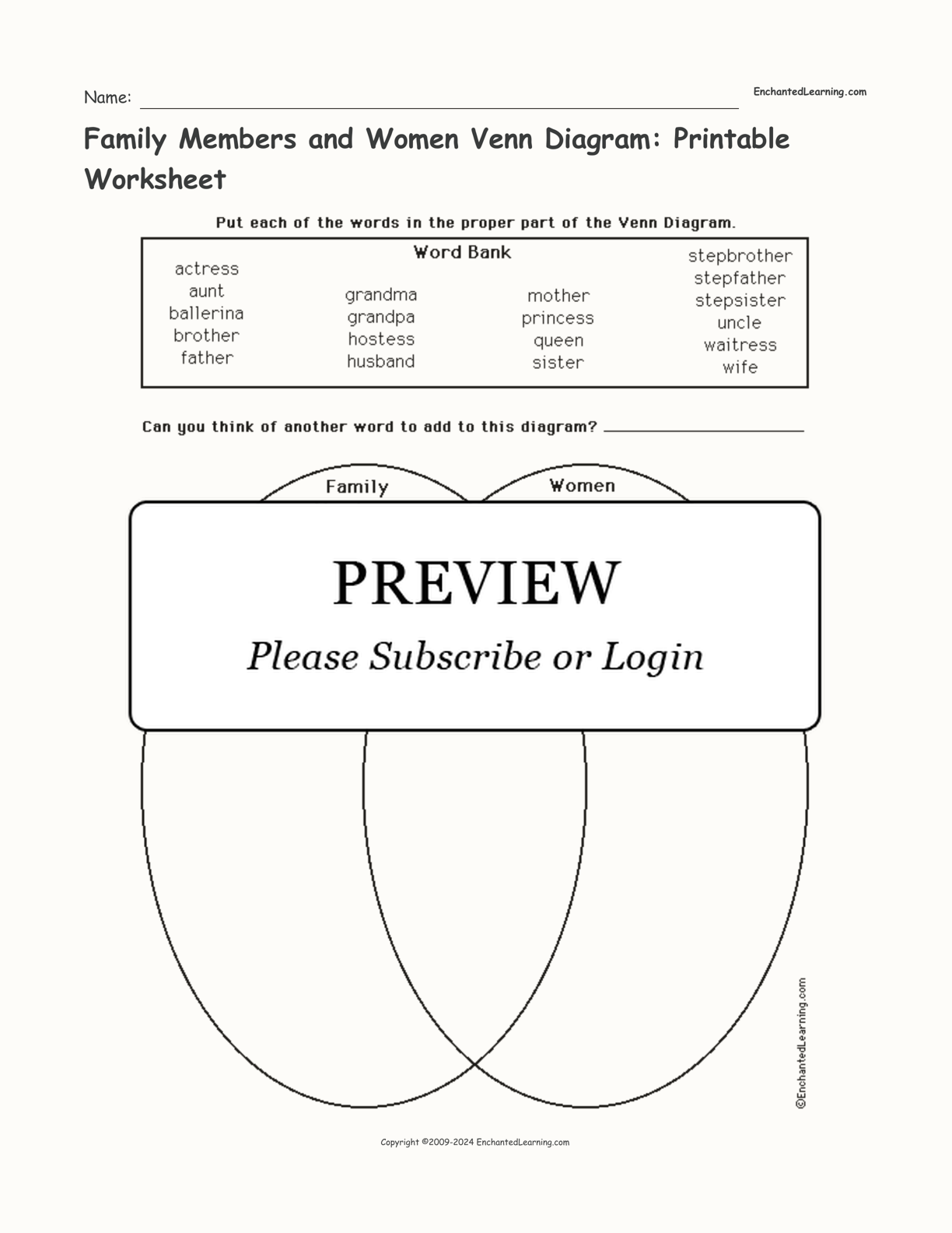 Family Members and Women Venn Diagram: Printable Worksheet interactive worksheet page 1