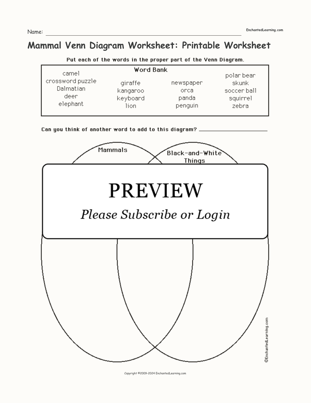 Mammal Venn Diagram Worksheet: Printable Worksheet interactive worksheet page 1