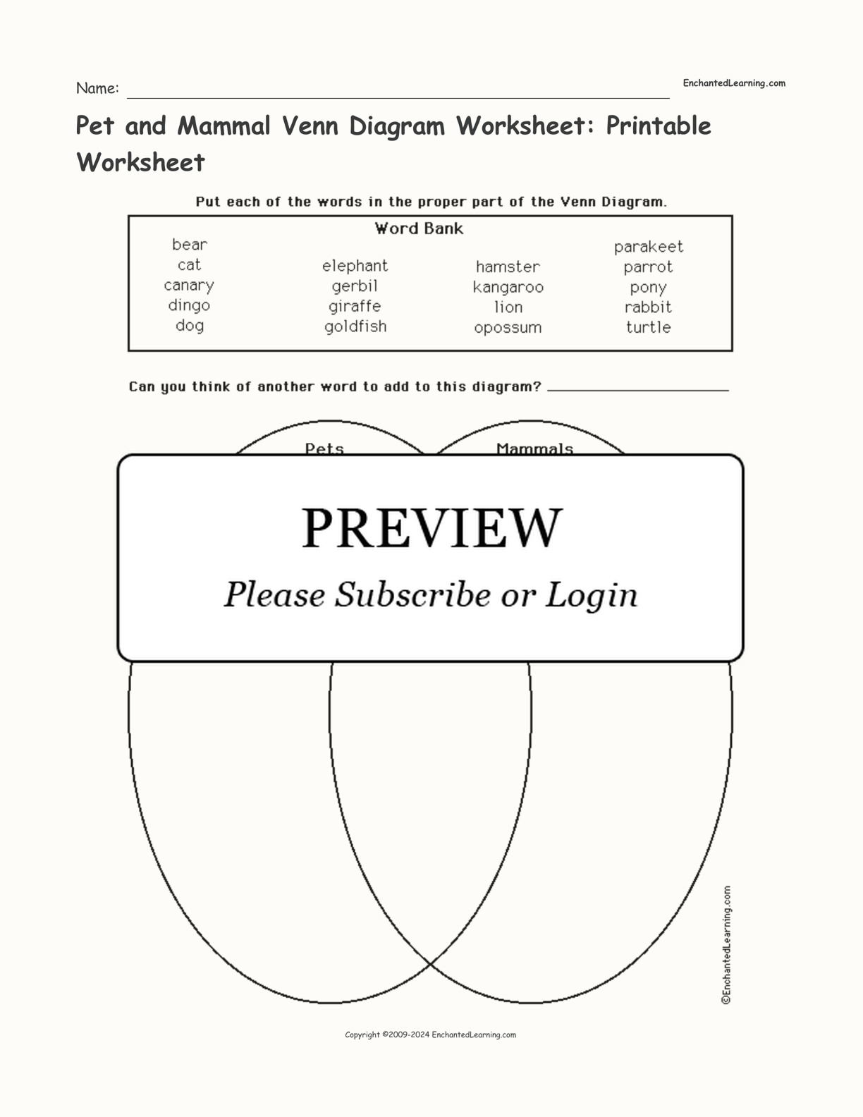 Pet and Mammal Venn Diagram Worksheet: Printable Worksheet interactive worksheet page 1