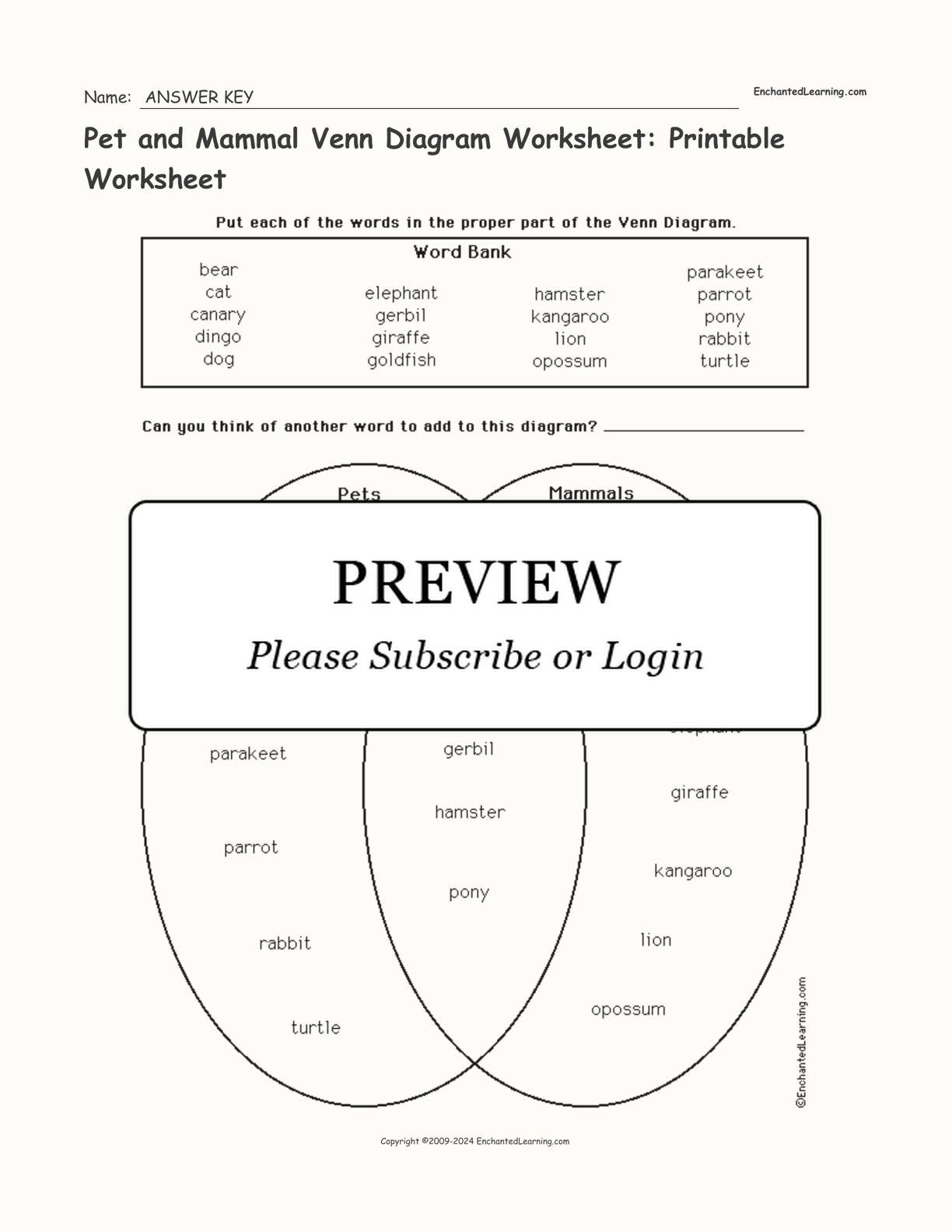 Pet and Mammal Venn Diagram Worksheet: Printable Worksheet interactive worksheet page 2