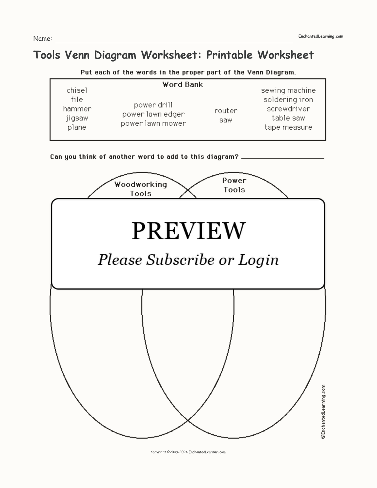 Tools Venn Diagram Worksheet: Printable Worksheet interactive worksheet page 1