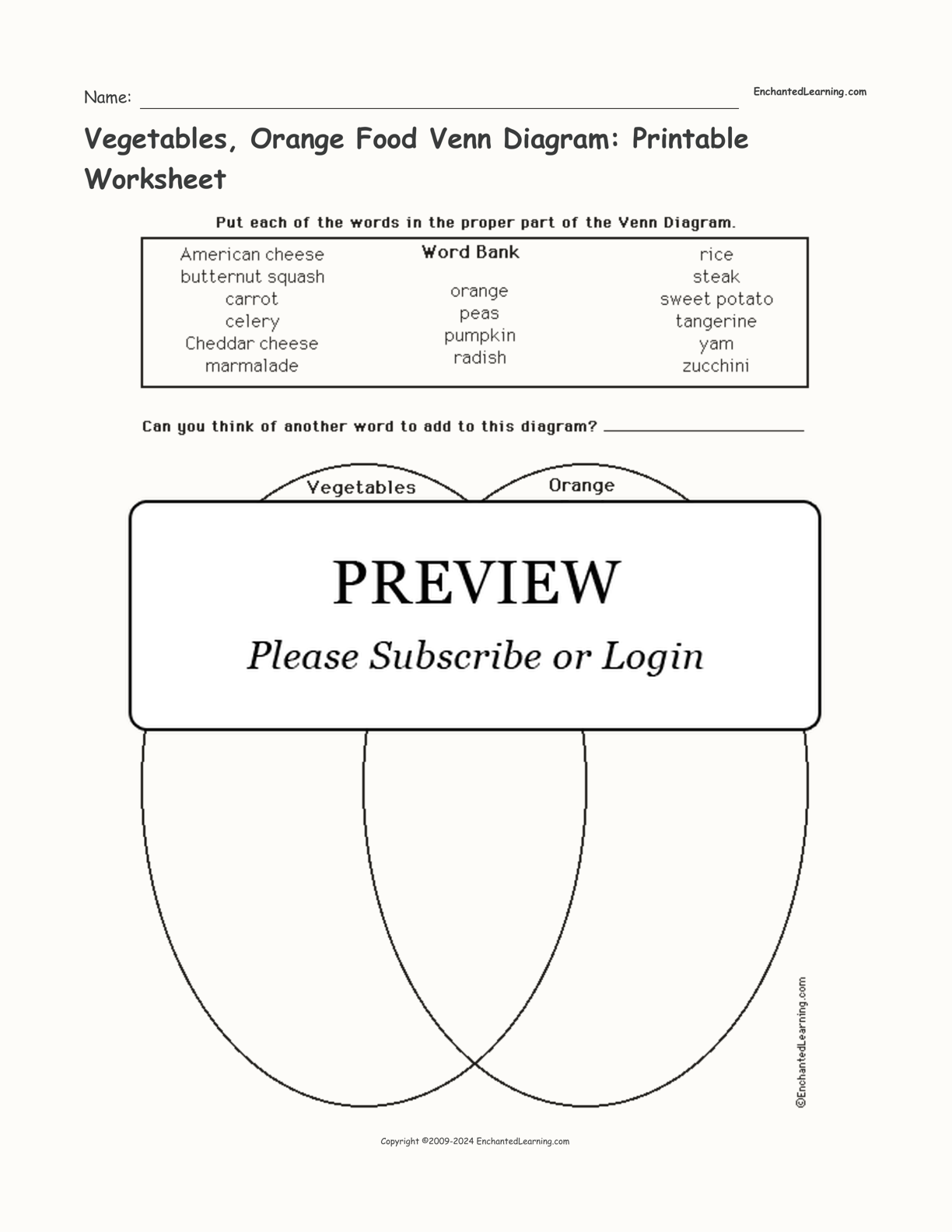 Vegetables, Orange Food Venn Diagram: Printable Worksheet interactive worksheet page 1