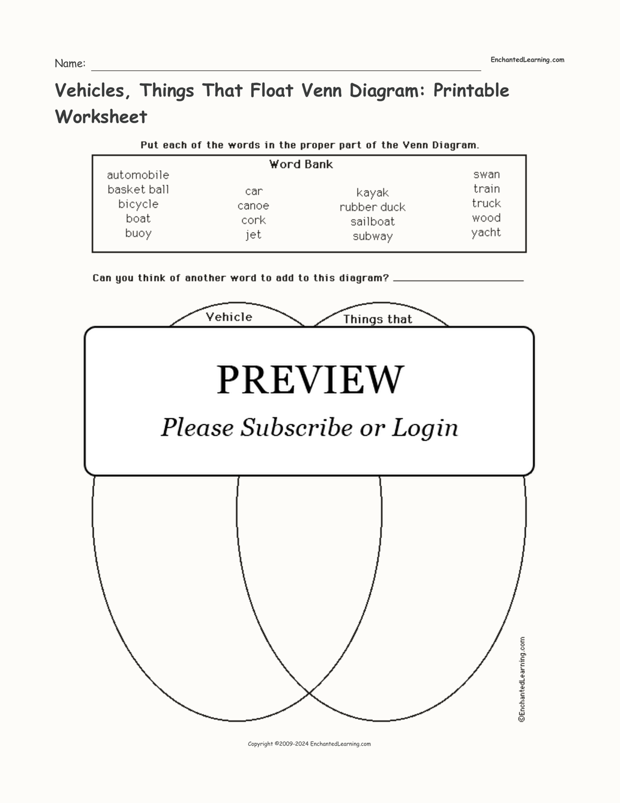 Vehicles, Things That Float Venn Diagram: Printable Worksheet interactive worksheet page 1