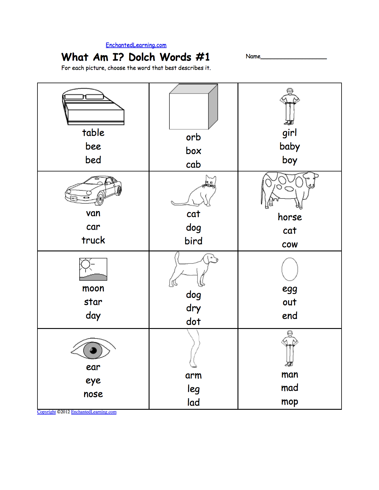 Search result: 'What am I? Dolch Nouns Worksheet Printouts'