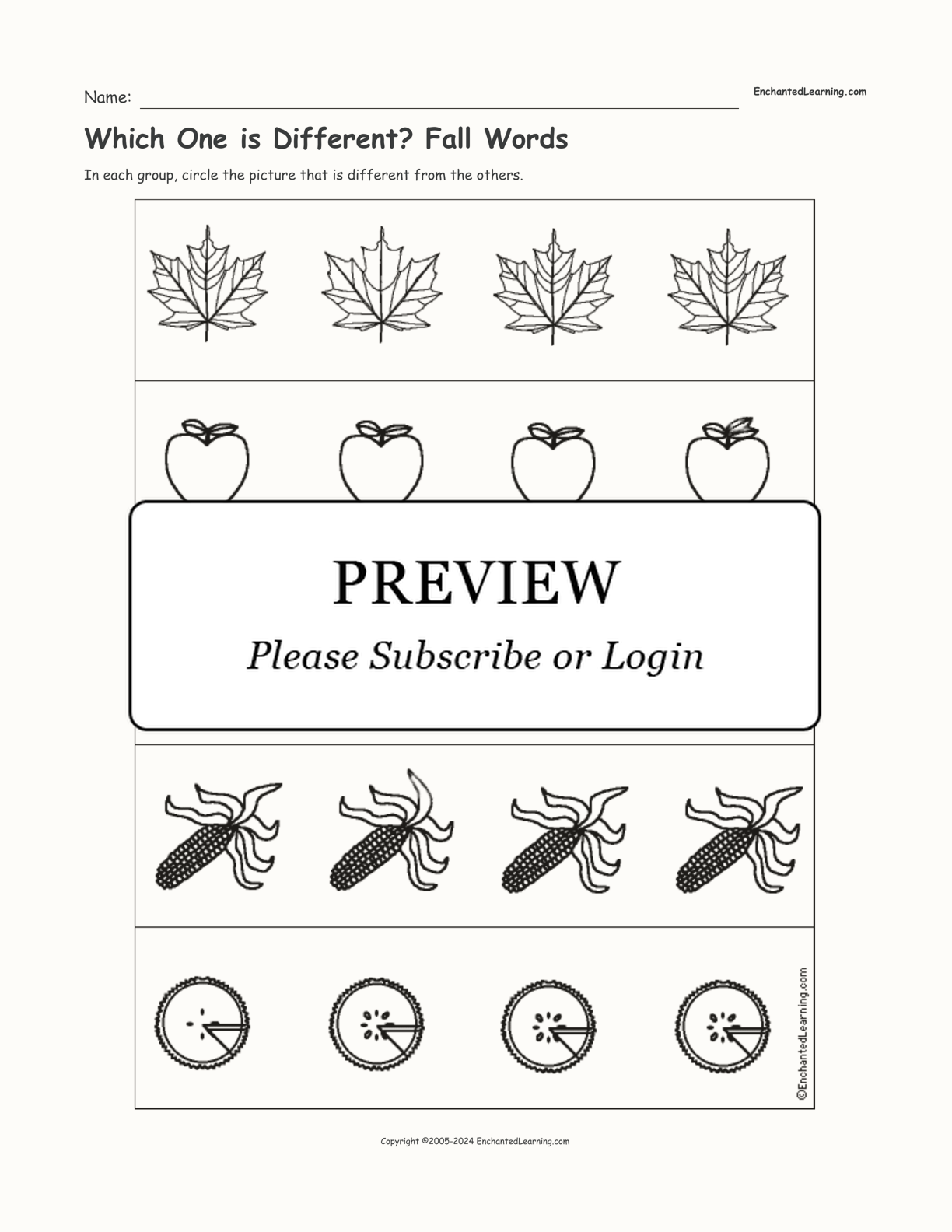 Which One is Different? Fall Words interactive worksheet page 1
