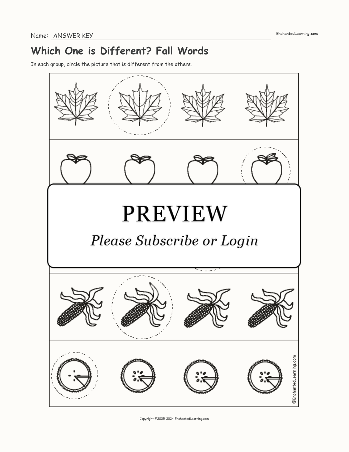 Which One is Different? Fall Words interactive worksheet page 2