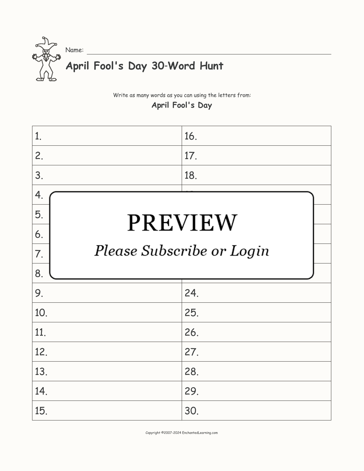 April Fool's Day 30‑Word Hunt interactive worksheet page 1
