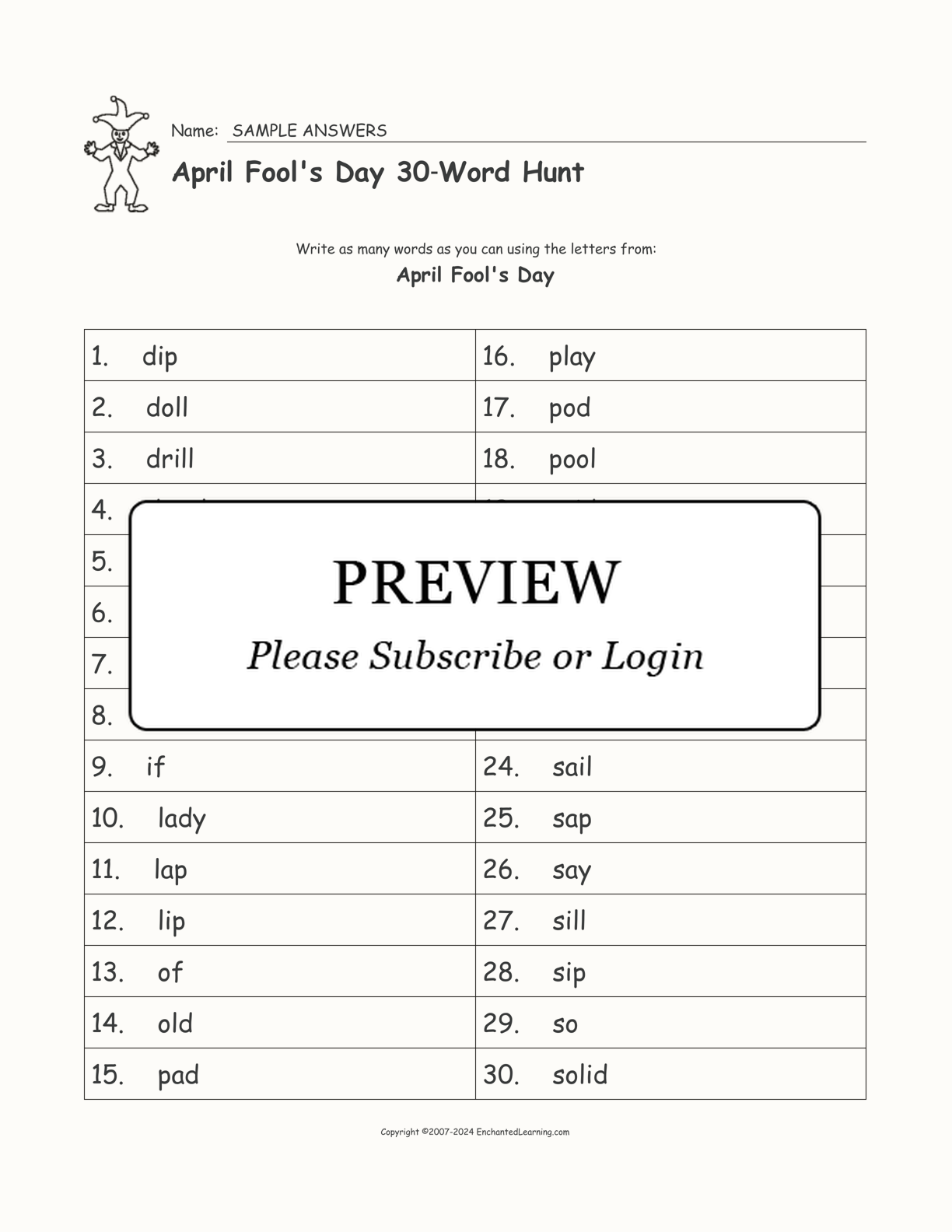 April Fool's Day 30‑Word Hunt interactive worksheet page 2