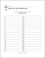Search result: 'April Fool's Day Word Hunt Worksheet - 30 Blanks'