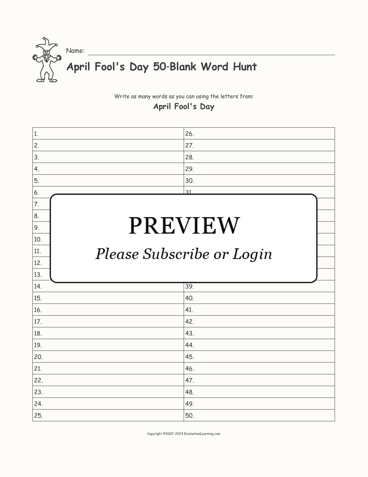 April Fool's Day 50‑Blank Word Hunt interactive worksheet page 1