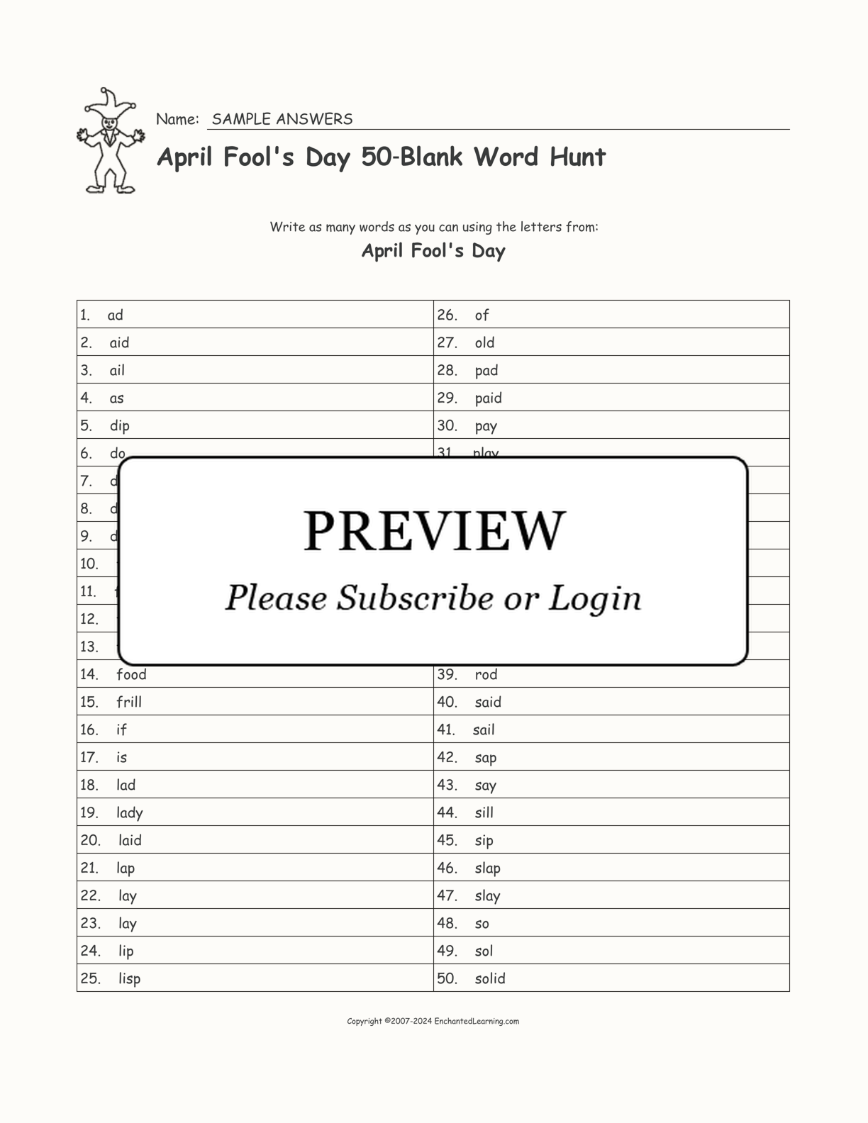 April Fool's Day 50‑Blank Word Hunt interactive worksheet page 2