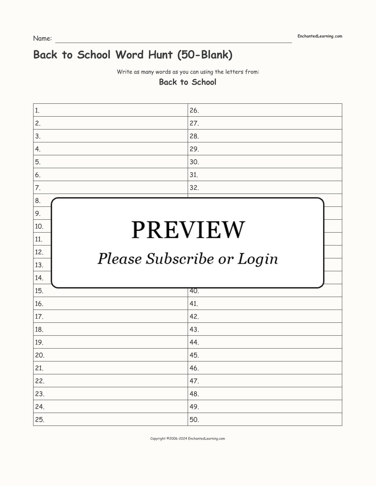 Back to School Word Hunt (50-Blank) interactive worksheet page 1