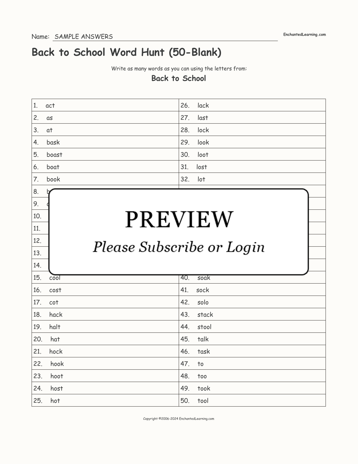 Back to School Word Hunt (50-Blank) interactive worksheet page 2