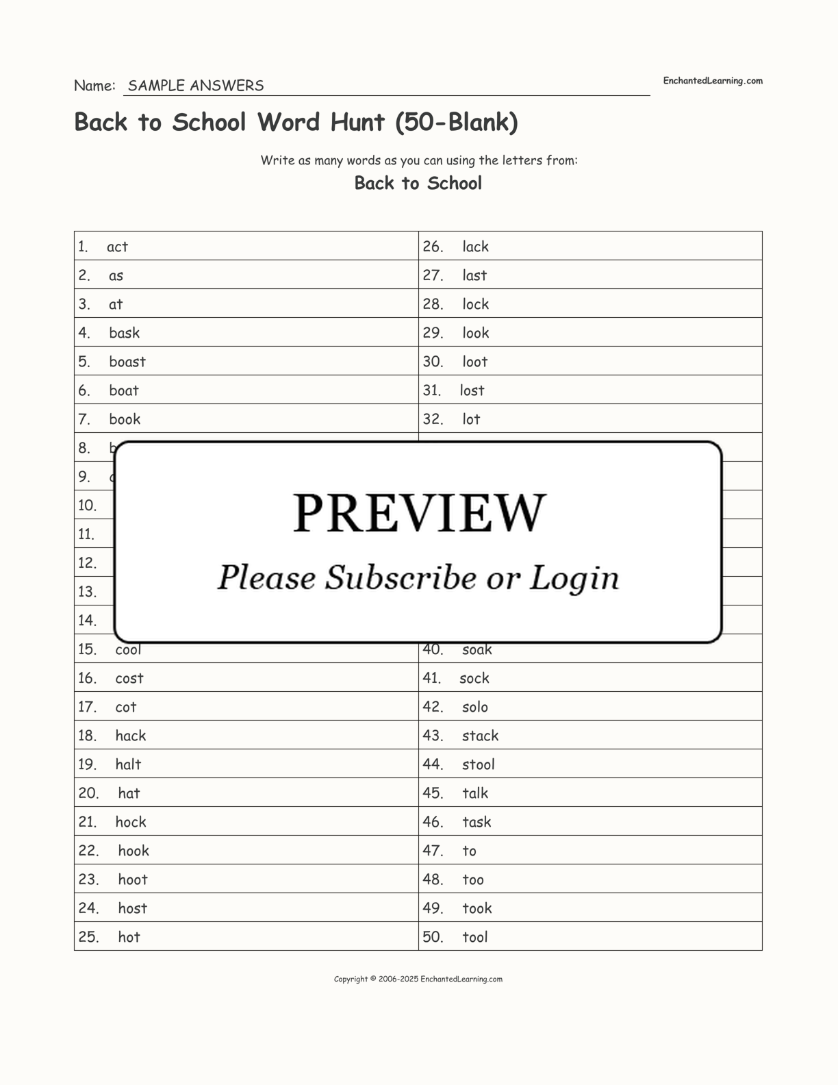 Back to School Word Hunt (50-Blank) interactive worksheet page 2