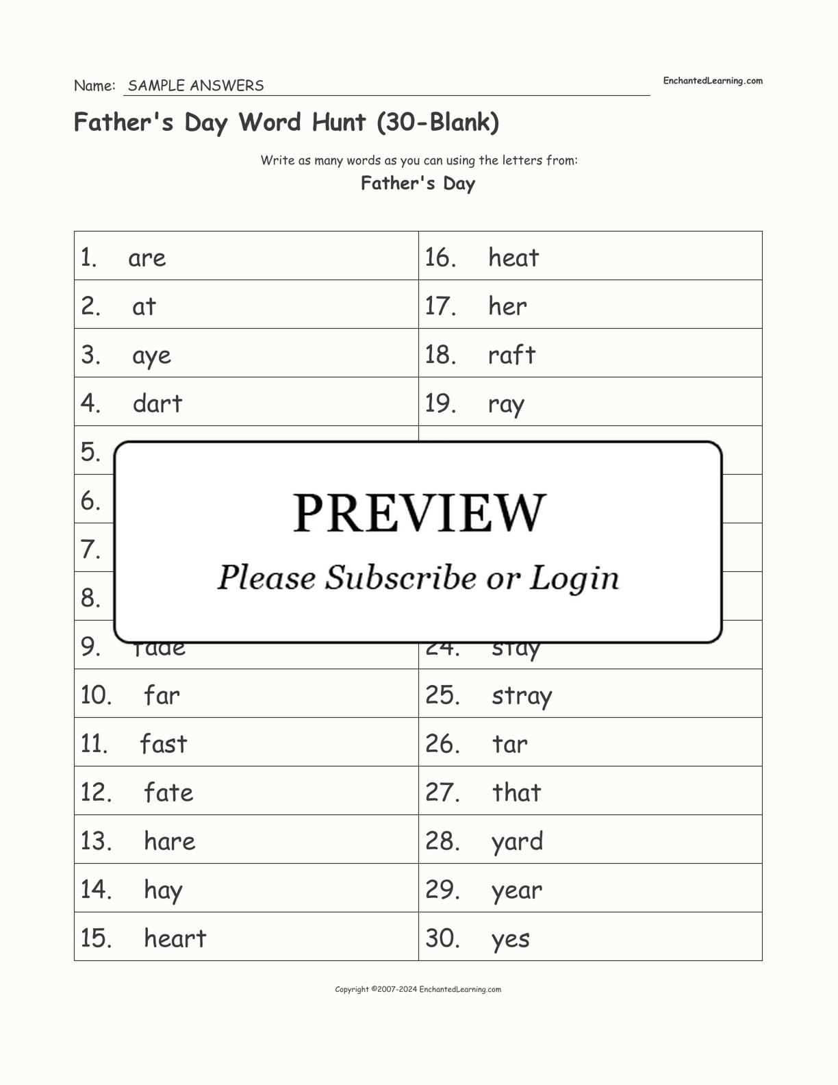 Father's Day Word Hunt (30-Blank) interactive worksheet page 2