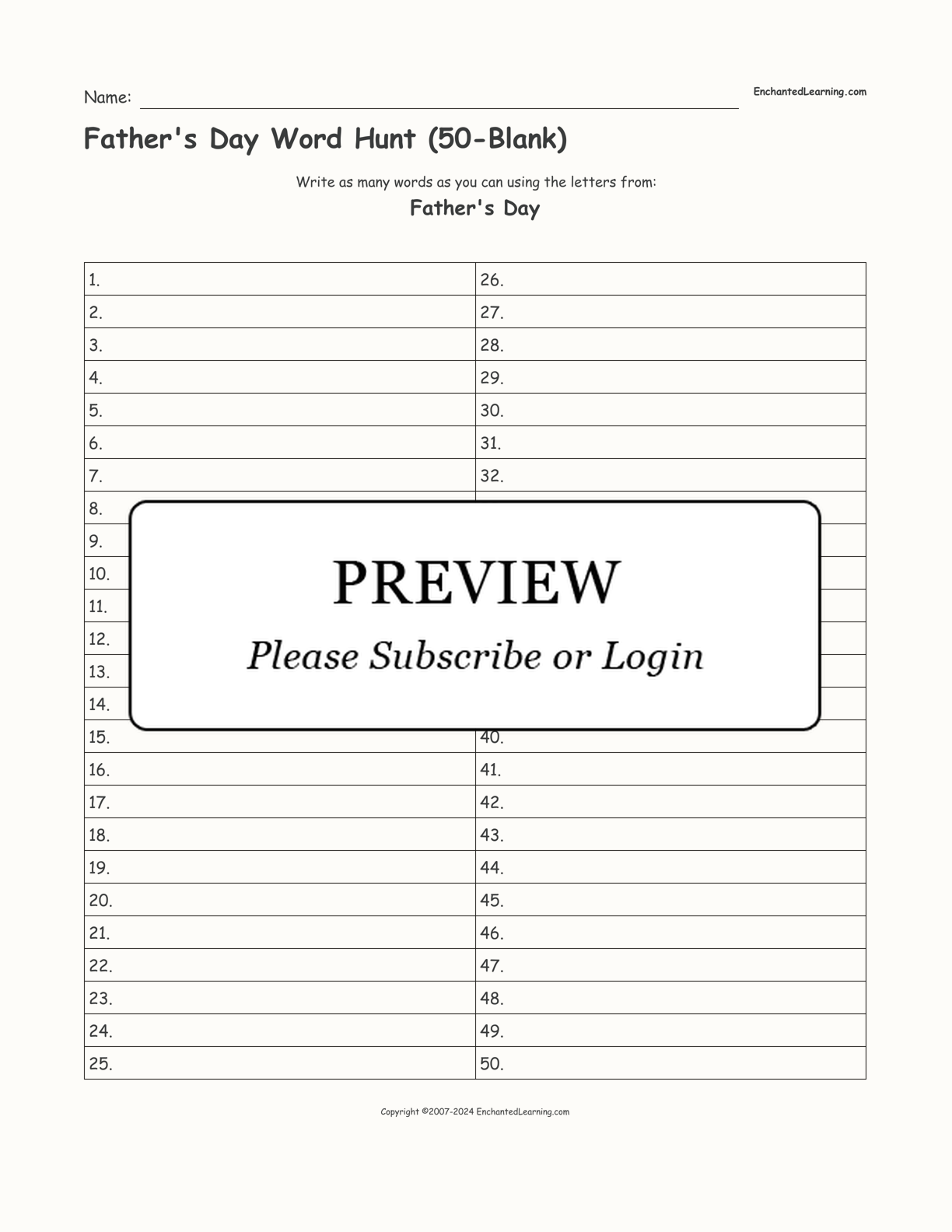 Father's Day Word Hunt (50-Blank) interactive worksheet page 1