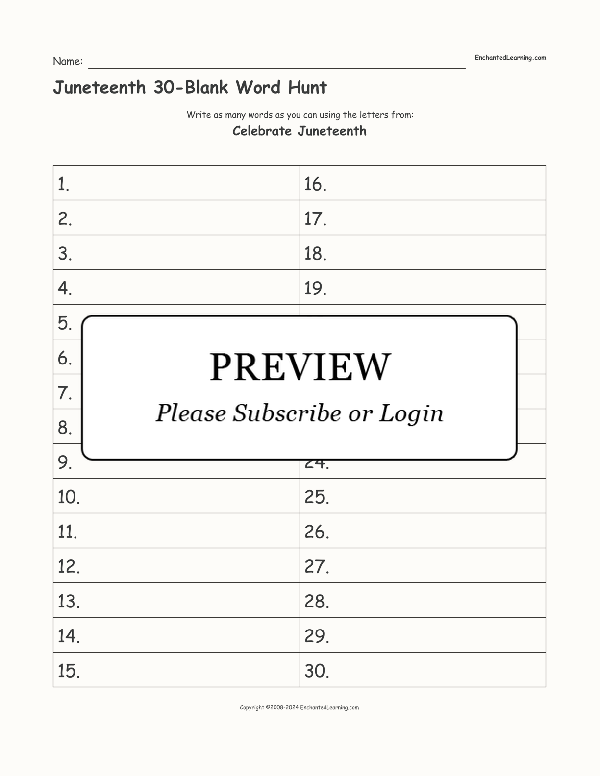 Juneteenth 30-Blank Word Hunt interactive worksheet page 1