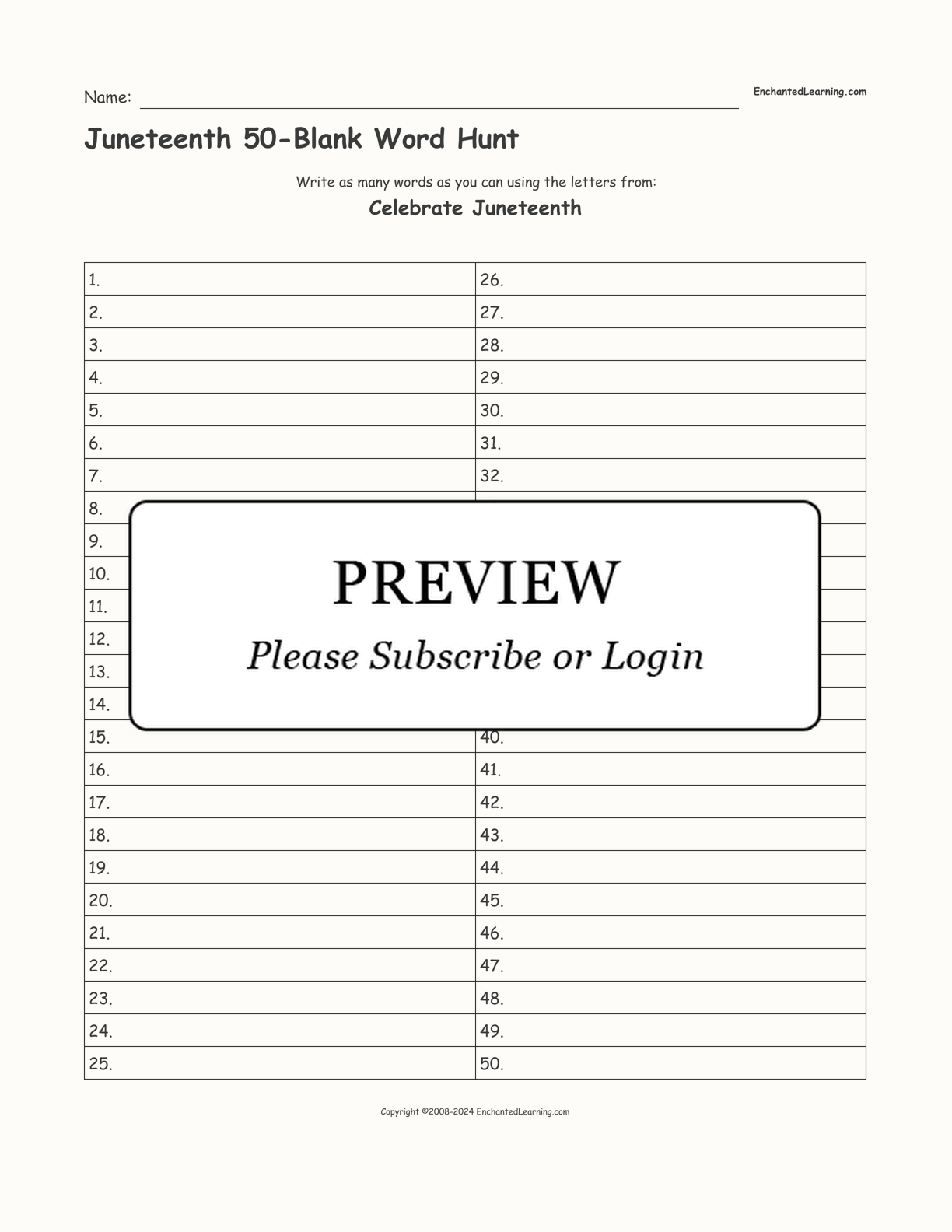 Juneteenth 50-Blank Word Hunt interactive worksheet page 1