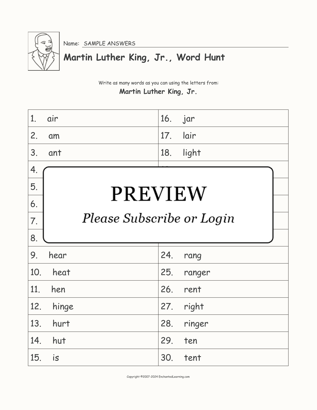 Martin Luther King, Jr., Word Hunt interactive worksheet page 2
