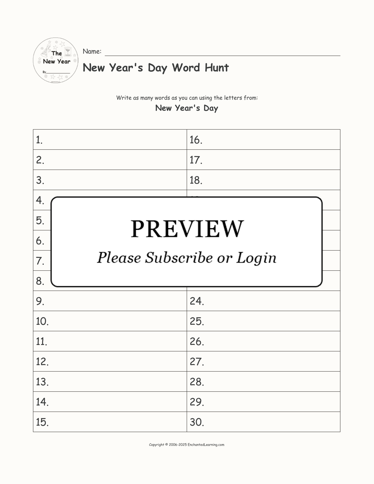 New Year's Day Word Hunt interactive worksheet page 1