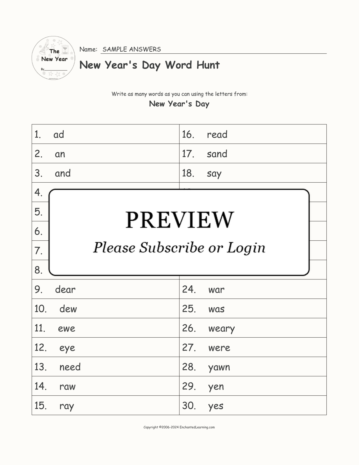 New Year's Day Word Hunt interactive worksheet page 2