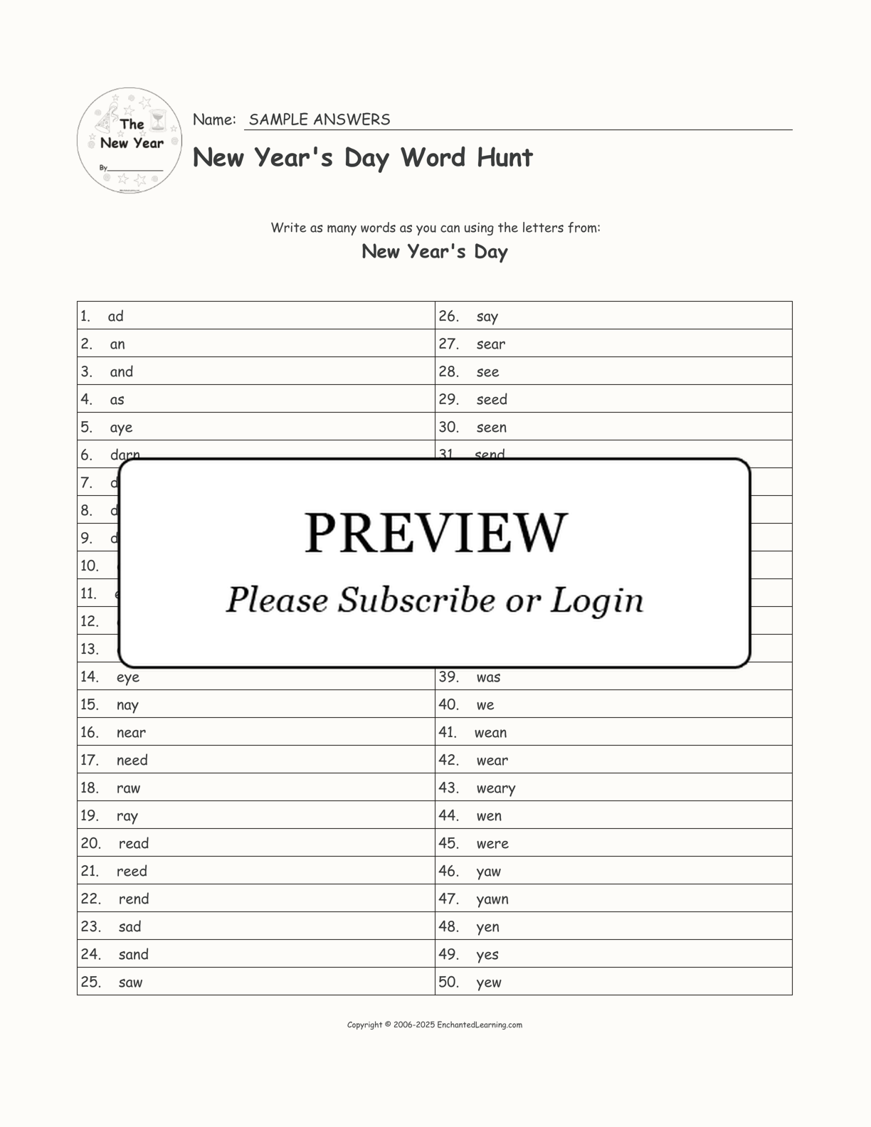 New Year's Day Word Hunt interactive worksheet page 2