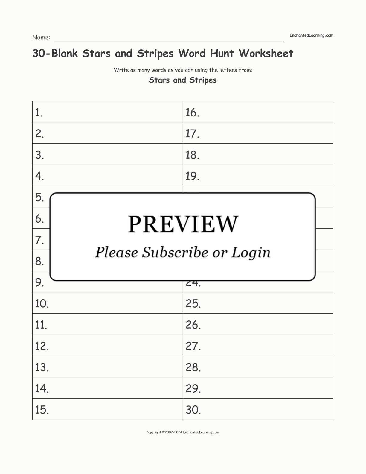 30-Blank Stars and Stripes Word Hunt Worksheet interactive worksheet page 1