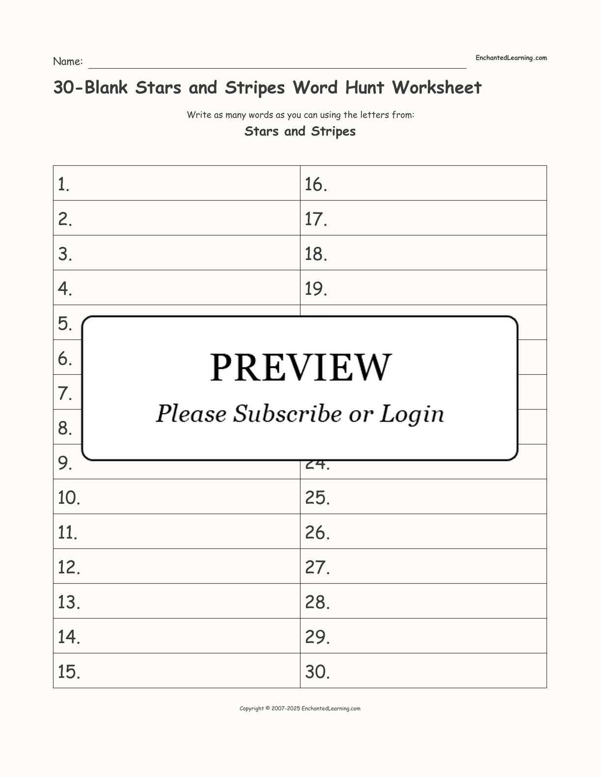 30-Blank Stars and Stripes Word Hunt Worksheet interactive worksheet page 1