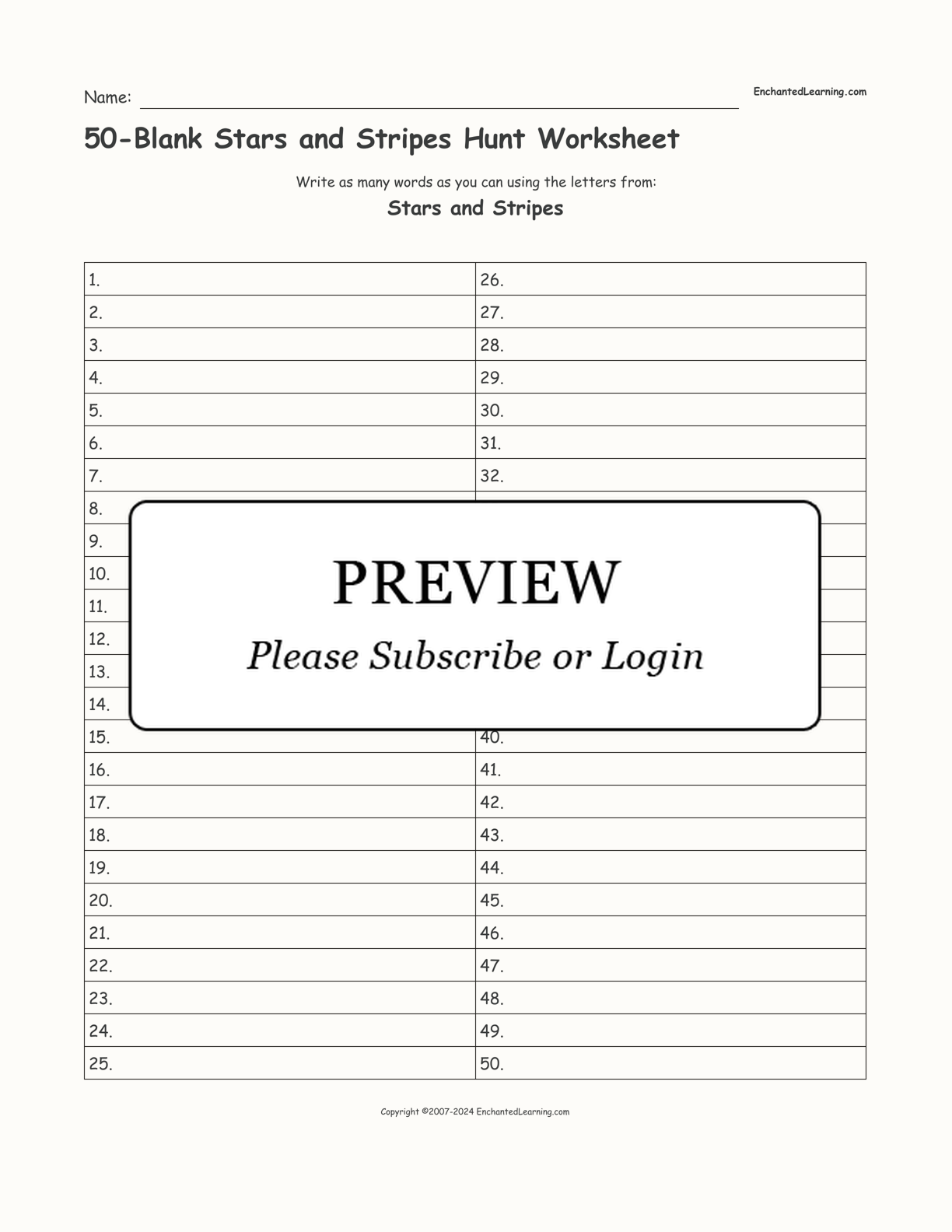 50-Blank Stars and Stripes Hunt Worksheet interactive worksheet page 1