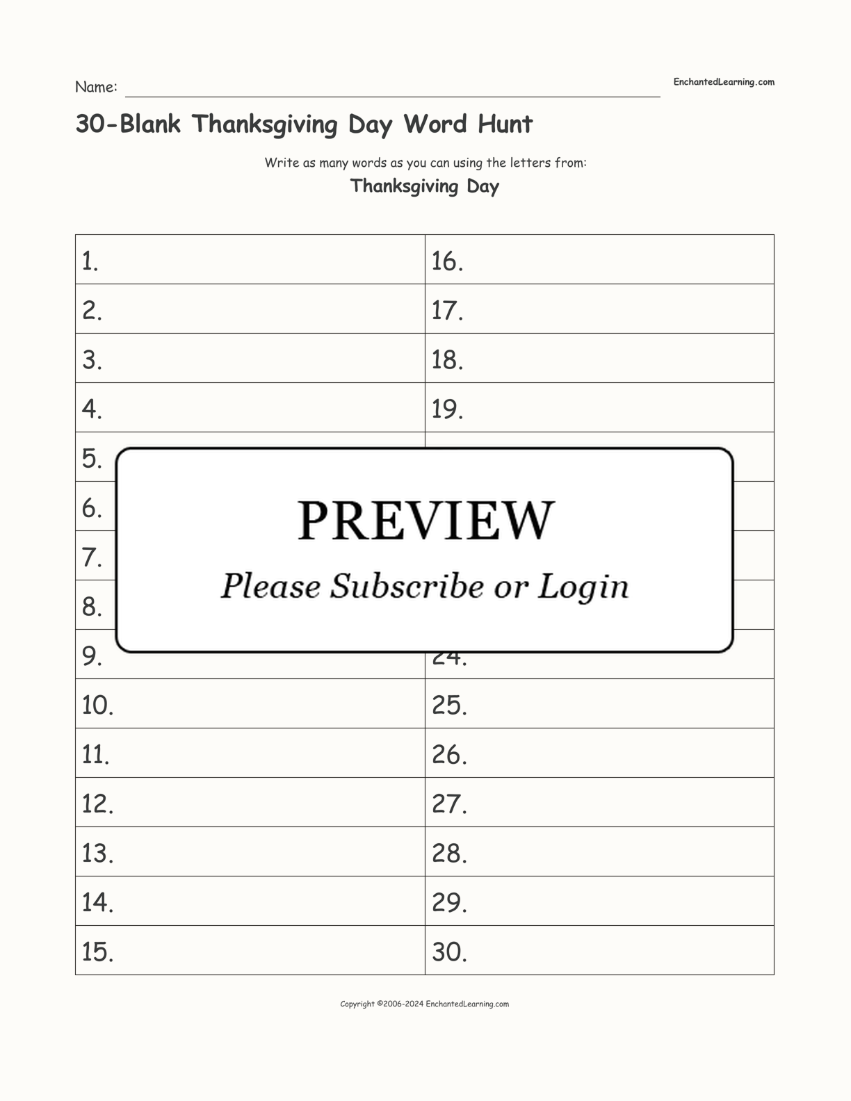 30-Blank Thanksgiving Day Word Hunt interactive worksheet page 1
