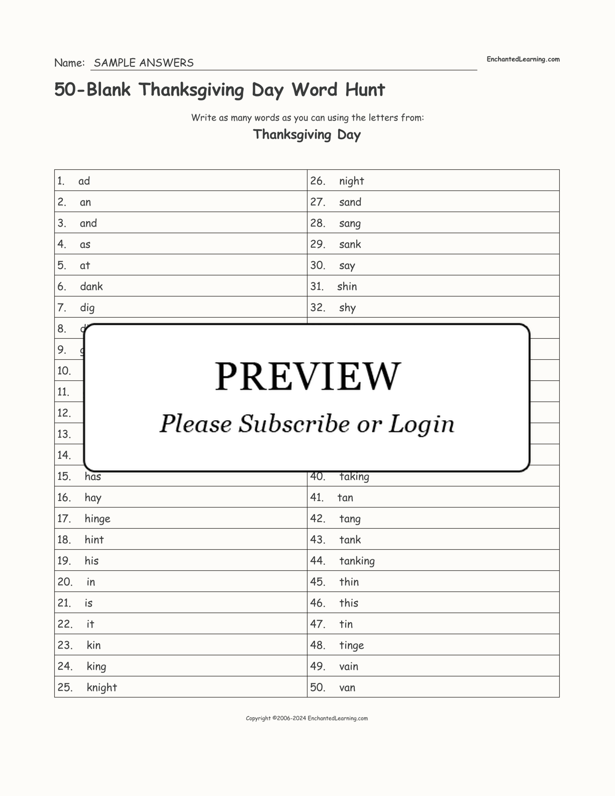 50-Blank Thanksgiving Day Word Hunt interactive worksheet page 2