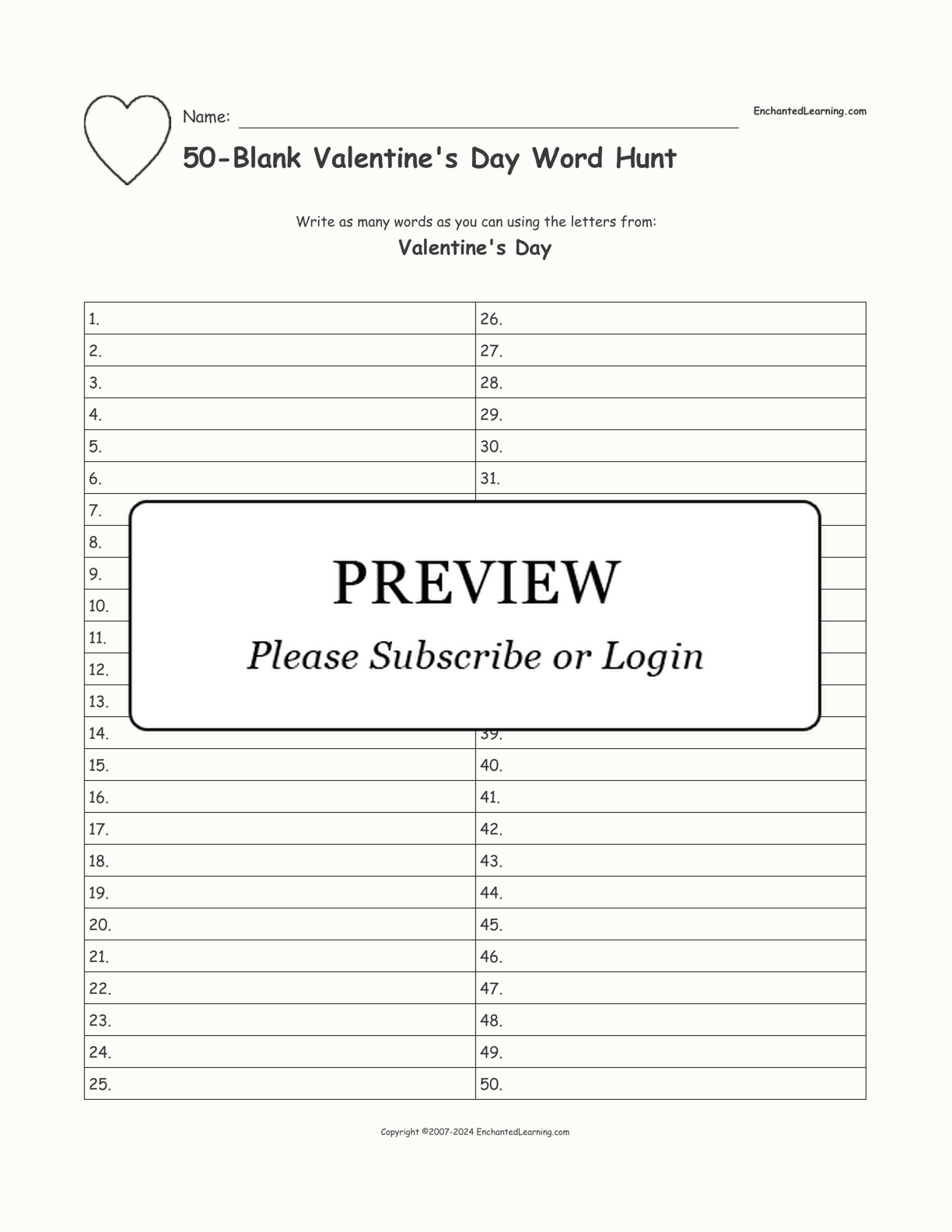50-Blank Valentine's Day Word Hunt interactive worksheet page 1