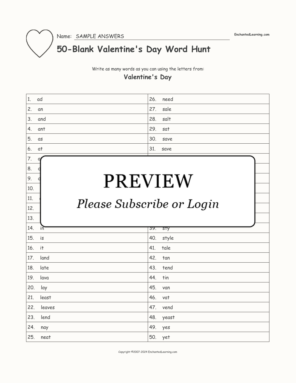 50-Blank Valentine's Day Word Hunt interactive worksheet page 2