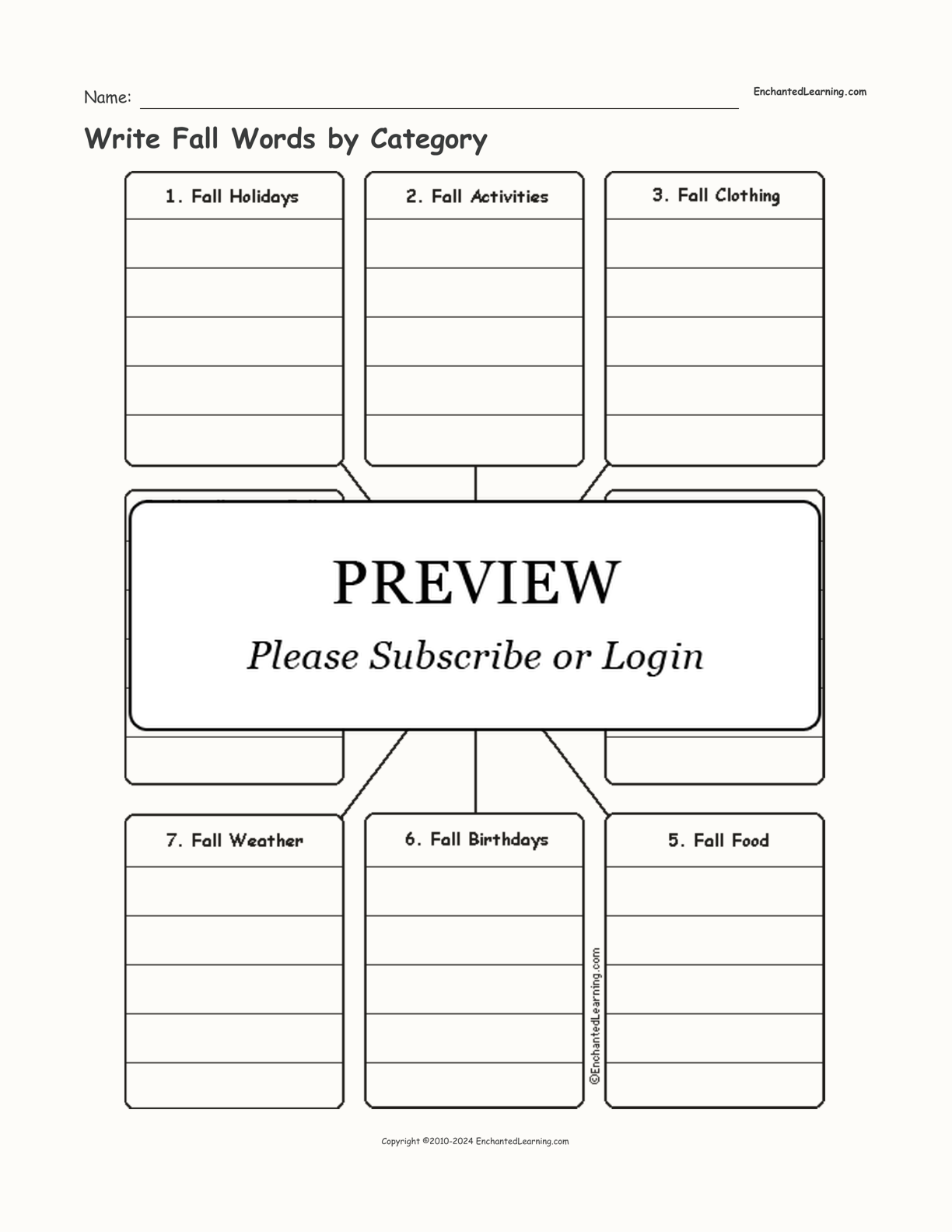 Write Fall Words by Category interactive worksheet page 1