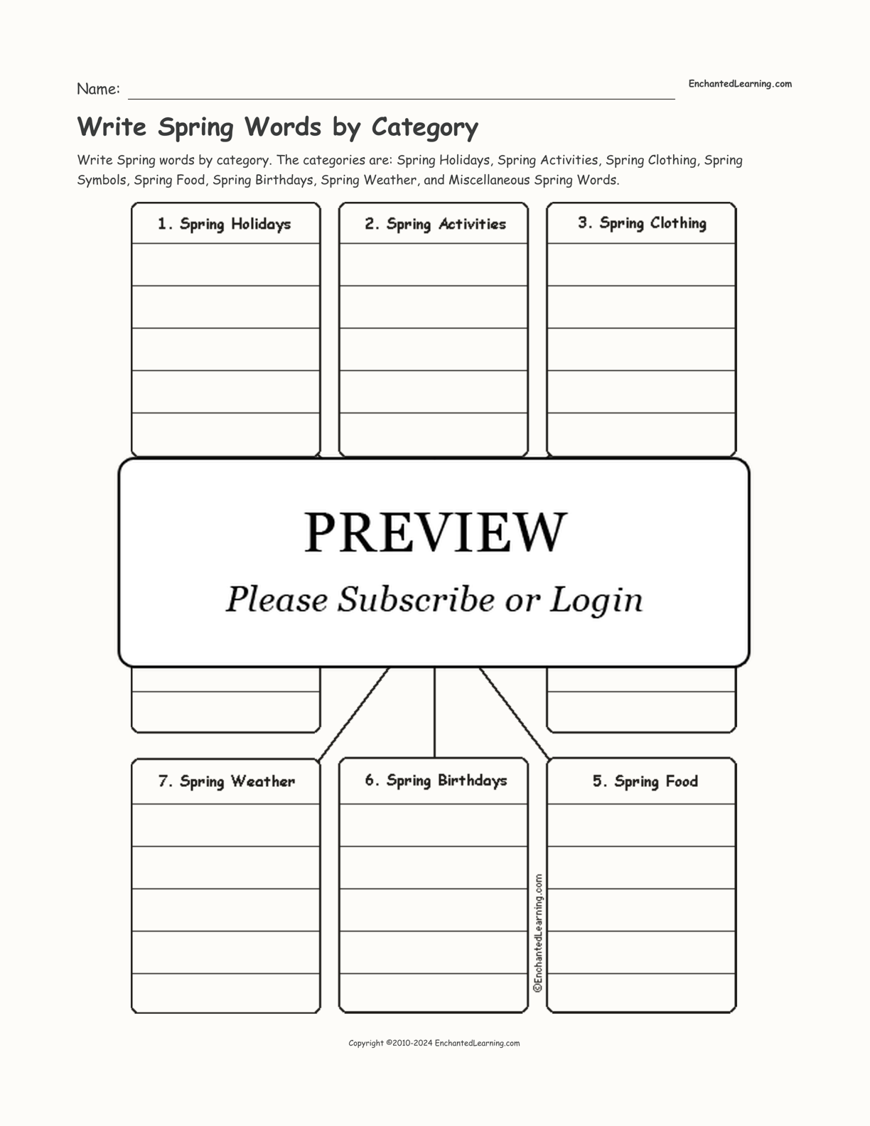 Write Spring Words by Category interactive worksheet page 1